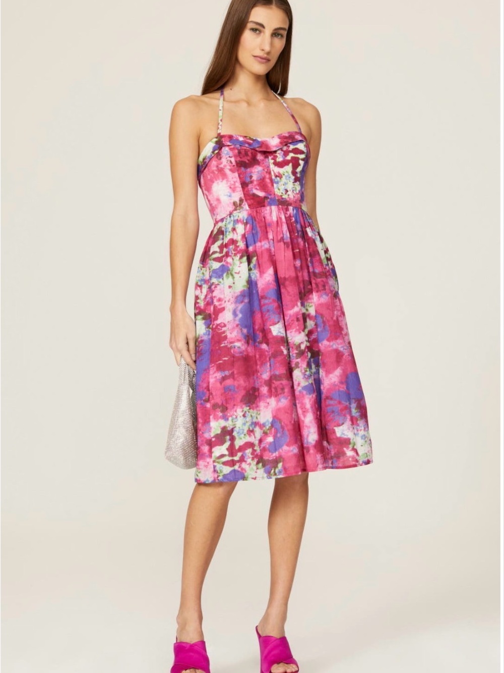 Pink Floral Halter Midi Dress with Fitted Bodice